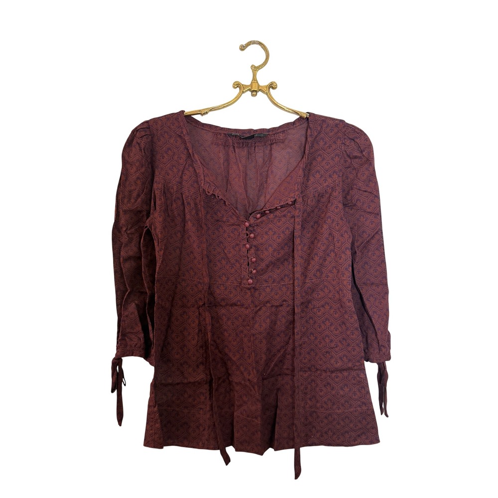 Marc by Marc Jacobs XS Burgundy Cotton Geometric Print Boho Henley Blouse Top